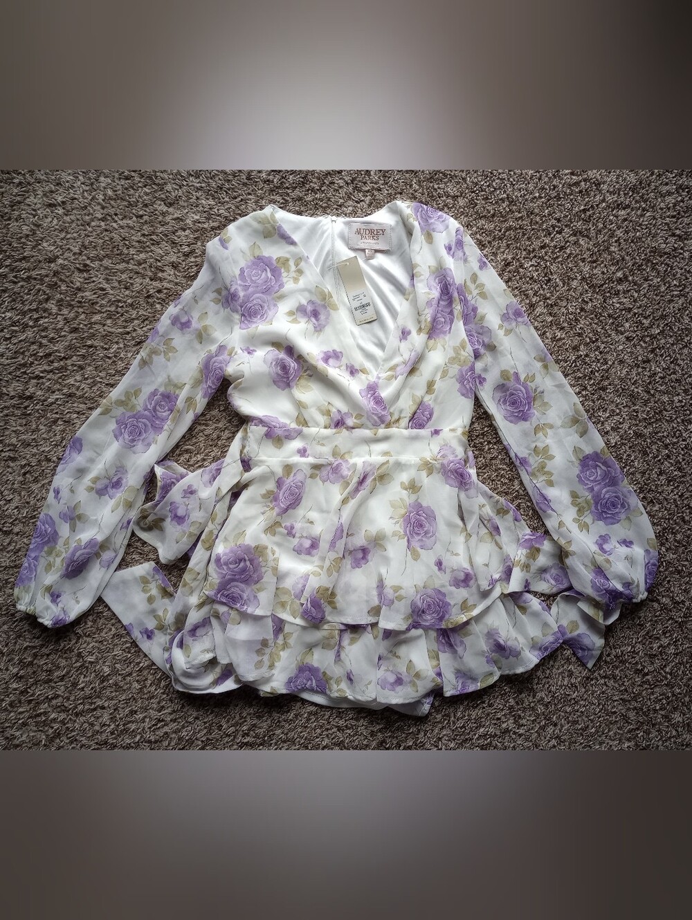 Francescas x Audrey Parks Purple Rose Floral V-Neck Romper Dress White XS NWT